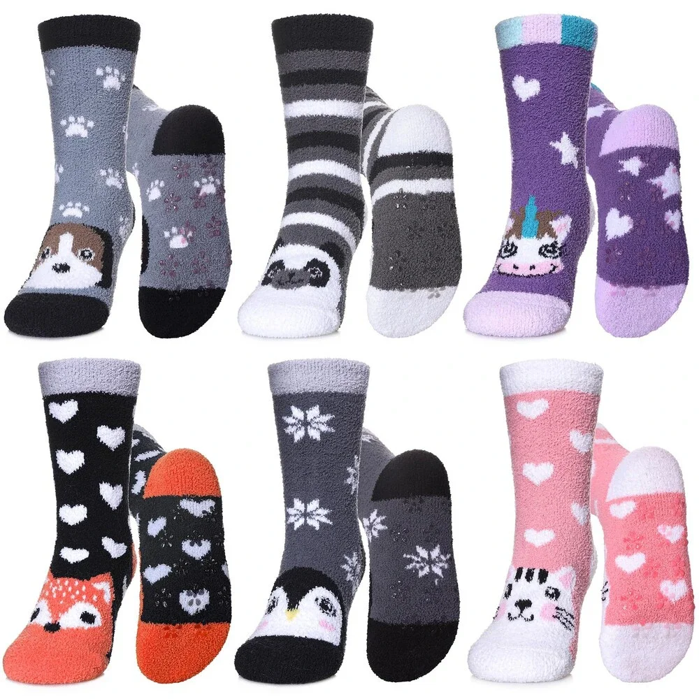 LINEMIN Kids Fuzzy Grip Socks Non Slip Slipper Cozy Fluffy Winter 8-12Y - NWT
